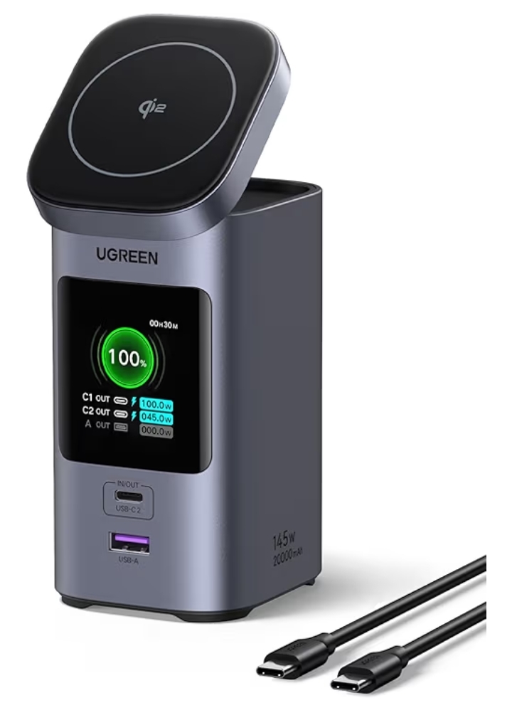 UGREEN Nexode 20000mAh 145W Laptop Power Bank with Qi2 15W Wireless Charging, Portable Charger for MacBook Pro/Air, iPhone 17/16, Galaxy S25/24, Travel and Hiking Power Companion with TFT Display