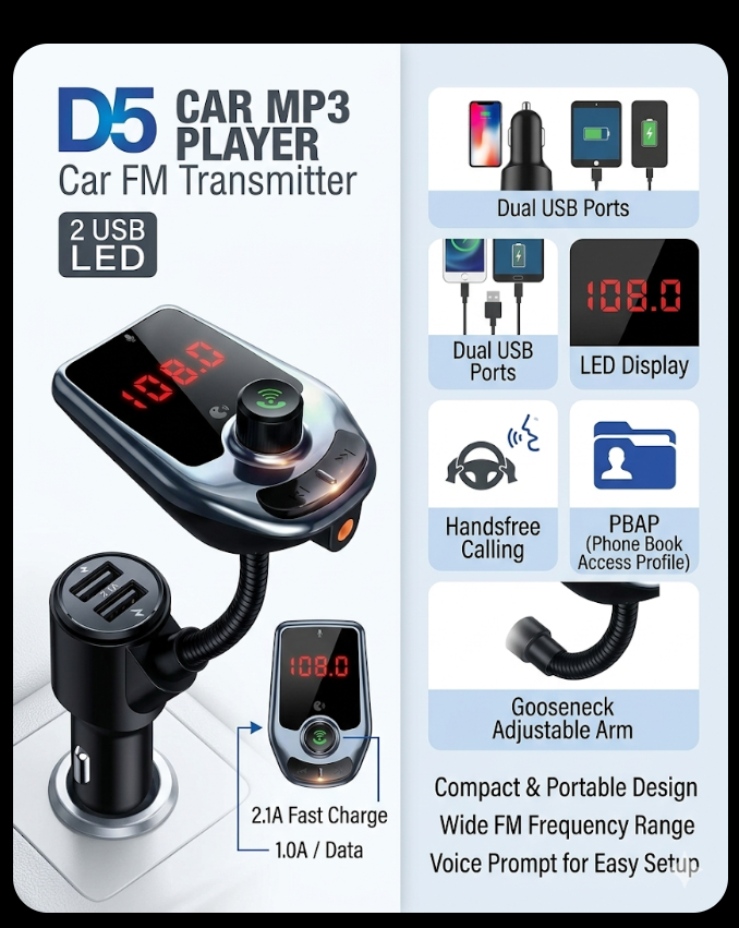 ​D5 Car MP3 Player & Wireless FM Transmitter – High-Performance Multi-Functional Bluetooth Car Kit with Dual USB Charging Ports